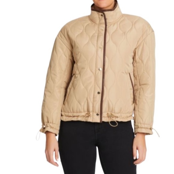 VINCE CAMUTO Quilted Fashion High Neck Drawcord Cuff & Hem Jacket, Tan, large - Picture 4 of 7